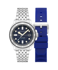 Foto frontal de este reloj de buceo para hombre en acero inoxidable, acero pulido azul, gris HULL COMMANDER CÔTE D'AZUR - SPINNA