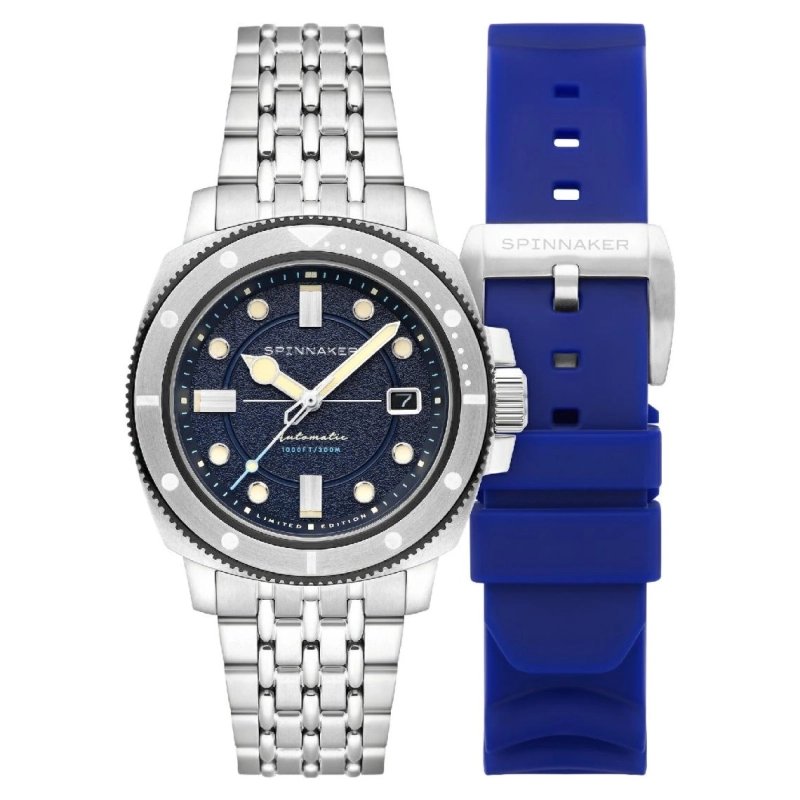 Foto frontal de este reloj de buceo para hombre en acero inoxidable, acero pulido azul, gris HULL COMMANDER CÔTE D'AZUR - SPINNA