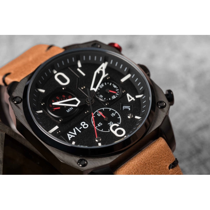 Montre Aviateur AVI-8 Hawker Hunter Retrograde Edition - Noire, 45 Mm, Cuir Marron - Neuf Avec étiquettes