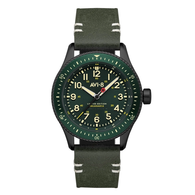 Foto frontal de este reloj para hombre de acero inoxidable negro y verde FLYBOY - AVI-8 | AV-4099-RBL-06