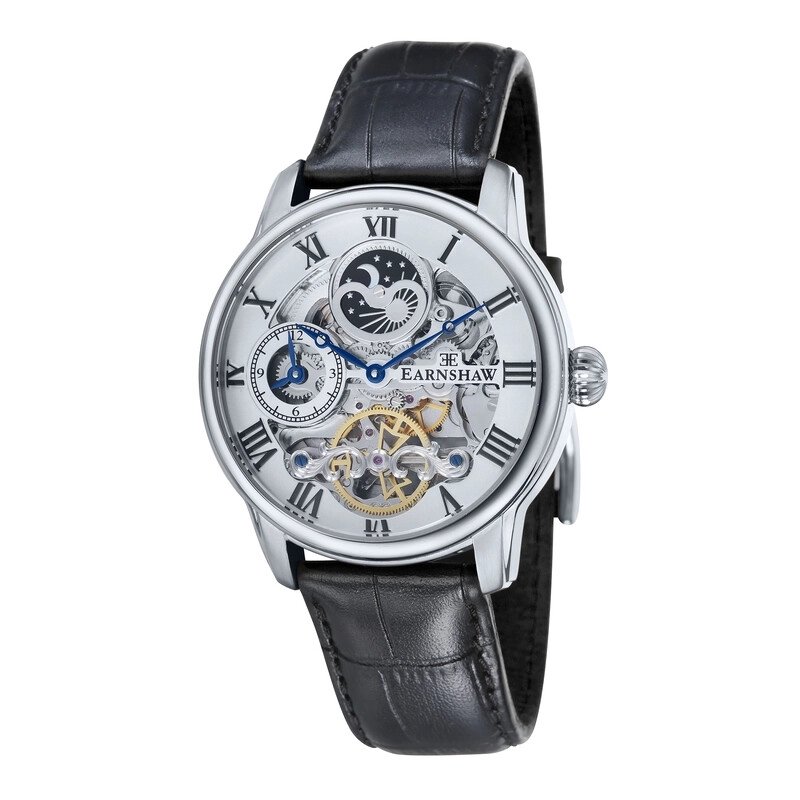 Front photo of this Men's Skeleton Watch in Stainless Steel Grey, Black - Longitude - EARNSHAW | ES-8006-01