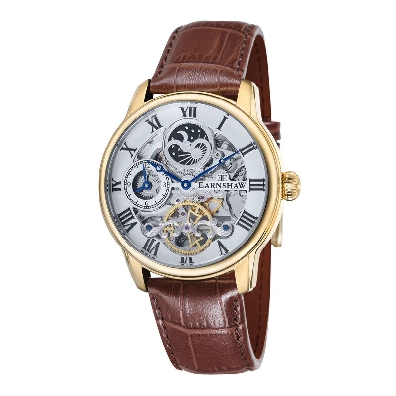 Photo de face de cette Montre Squelette Homme en Acier inoxydable Jaune, Marron - Longitude - EARNSHAW | ES-8006-02