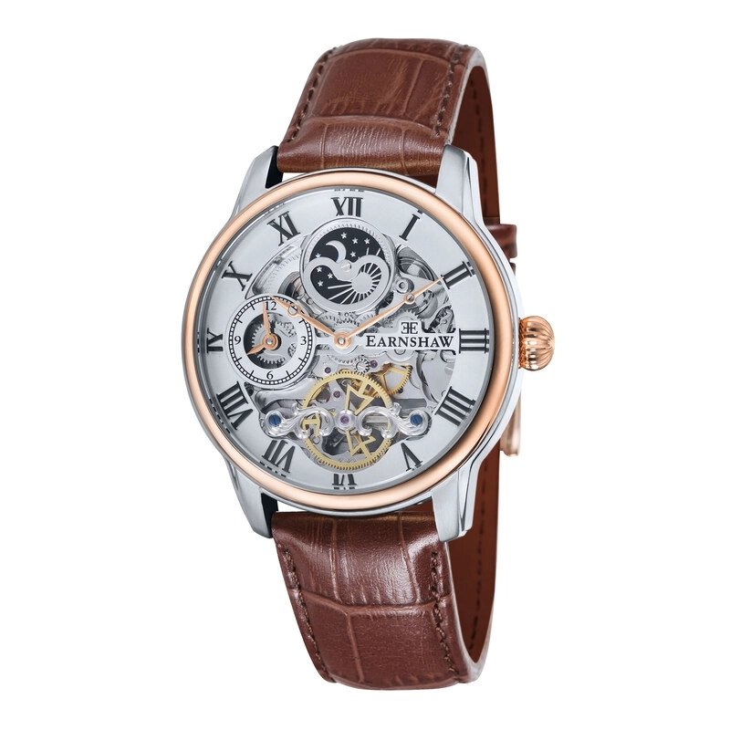 Front photo of this Men's Skeleton Watch in Stainless Steel Grey, Brown - Longitude - EARNSHAW | ES-8006-03