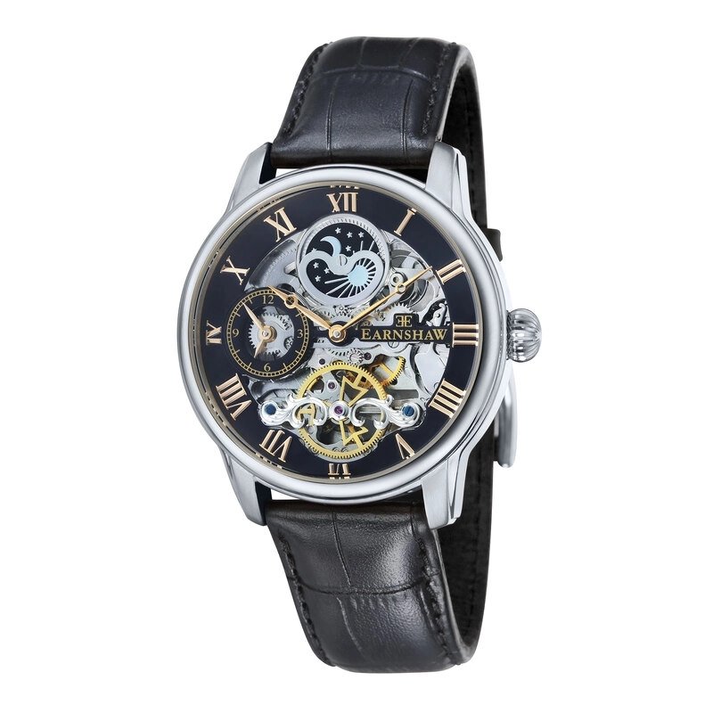 Front photo of this Black Stainless Steel Men's Skeleton Watch - Longitude - EARNSHAW | ES-8006-04