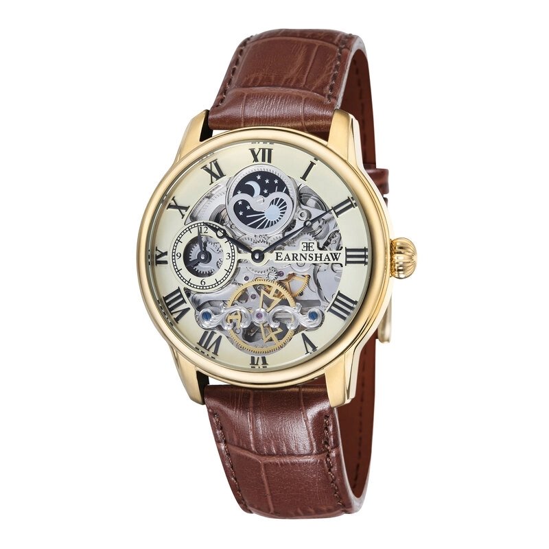 Photo de face de cette Montre Squelette Homme en Acier inoxydable Jaune, Marron - Longitude - EARNSHAW | ES-8006-06