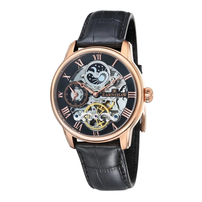 Photo de face de cette Montre Squelette Homme en Placage ionique Noir, Rose - LONGITUDE - EARNSHAW | ES-8006-07