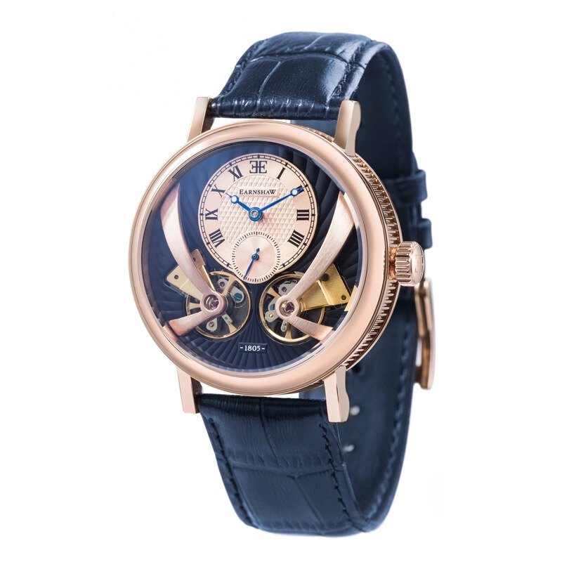 Vorderes Foto dieser Skelett-Herrenuhr aus Edelstahl, blaue Ionenbeschichtung, Rosa – BEAUFORT ANATOLIA AUTOMATIC – EA