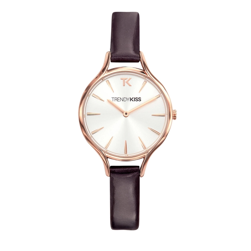 Front photo of this Inexpensive Women's Quartz Watch in Metal and Leather, Rose Gold, Plum - TRG10093-03