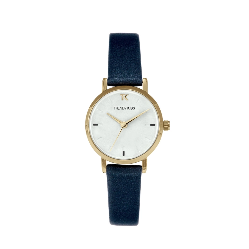 Front photo of this Inexpensive Women's Quartz Watch in Metal and Leather, Gold, Blue - TG10129-03