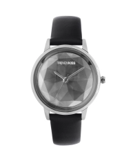 Front photo of this Inexpensive Women's Quartz Watch in Metal and Leather, Silver, Black - TC10132-03