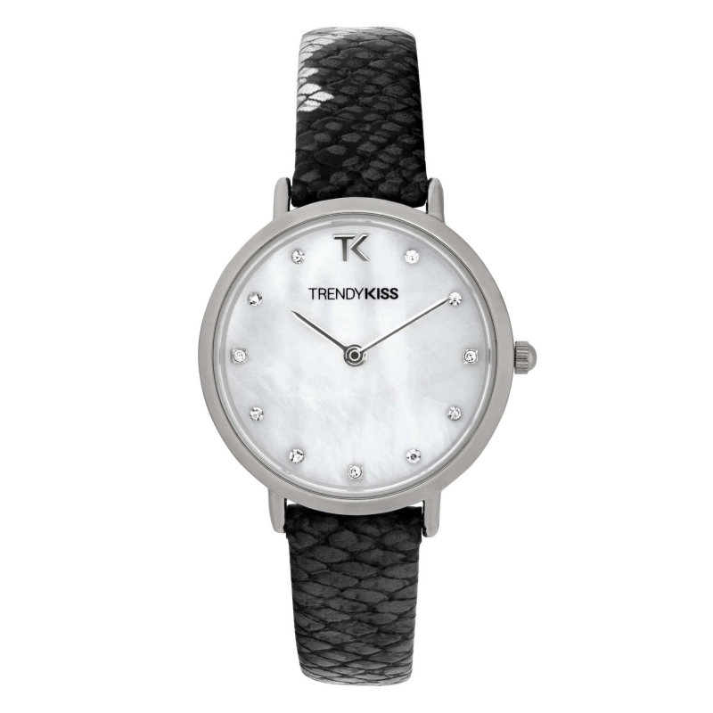 Front photo of this Inexpensive Women's Quartz Watch in Metal and Leather, Silver, Black - TC10133-01