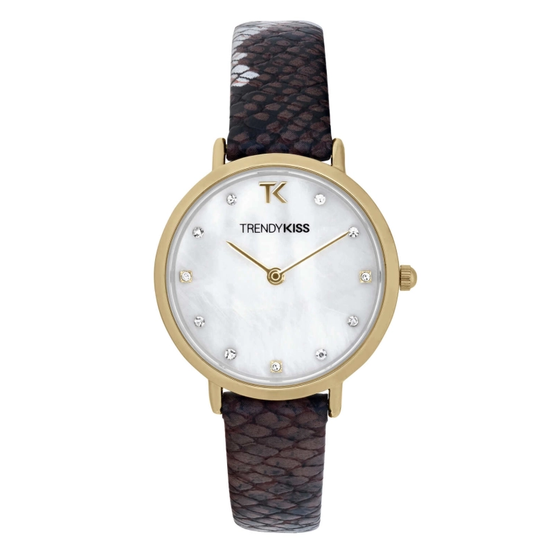 Front photo of this Inexpensive Women's Quartz Watch in Metal and Leather, Gold, Brown - TG10133-01