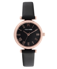 Front photo of this Inexpensive Women's Quartz Watch in Metal and Leather, Rose Gold, Black - TRG10134-02