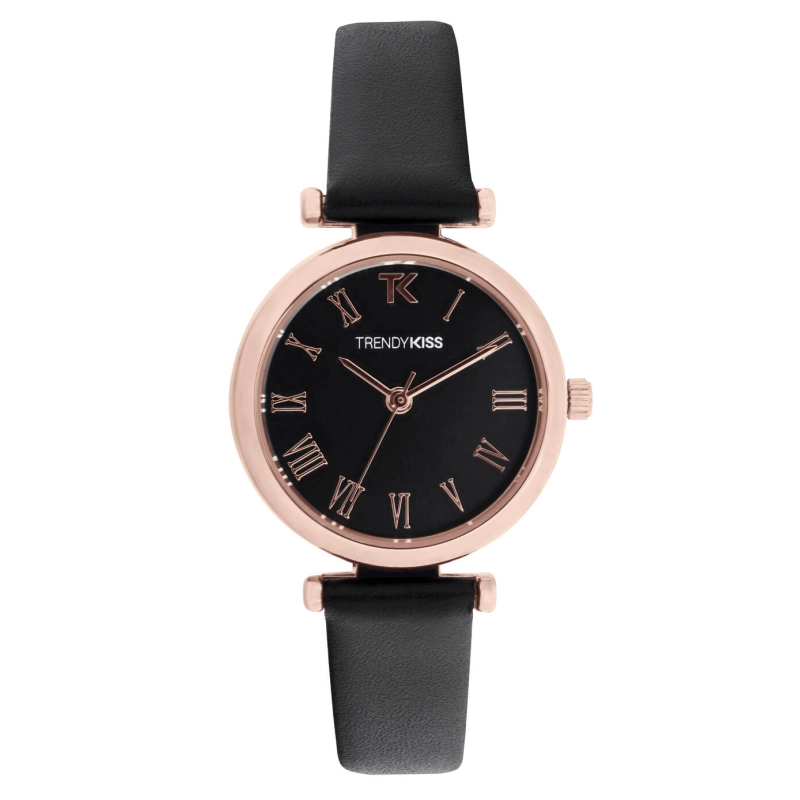 Foto frontal de este económico reloj de cuarzo, metal y cuero para mujer, oro rosa, negro - TRG10134-02