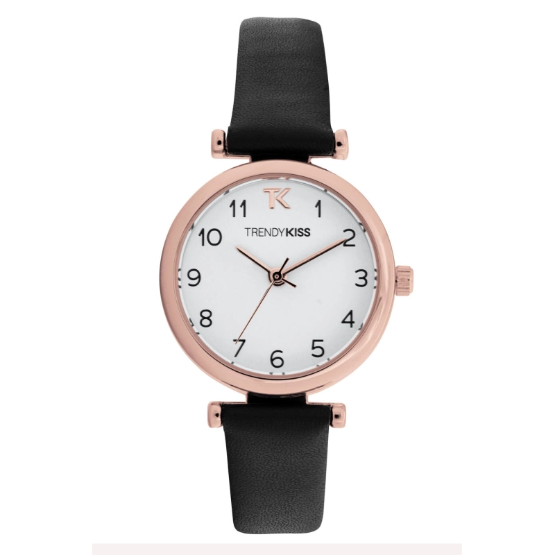 Front photo of this Inexpensive Women's Quartz Watch in Metal and Leather, Rose Gold, Black - TRG10134-01