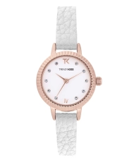 Foto frontal de este económico reloj de cuarzo, metal y cuero para mujer, oro rosa, blanco - TRG10135-01