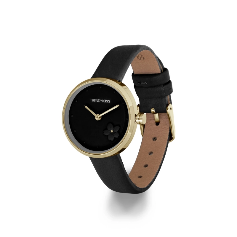 Front photo of this Inexpensive Women's Quartz Watch in Metal and Leather, Gold, Black - TG10143-02