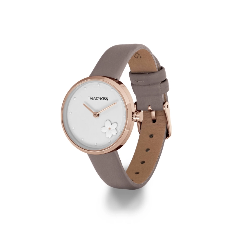 Photo de face de cette Montre Femme pas chère Quartz en Métal et Cuir, Rose Doré, Taupe - TRG10143-03