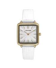 Foto frontal de este económico reloj de cuarzo para mujer en metal y piel, dorado, blanco - TG10145-01