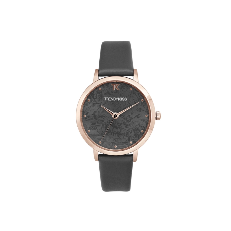 Front photo of this Inexpensive Women's Quartz Watch in Metal and Leather, Rose Gold, Grey - TRG10146-02