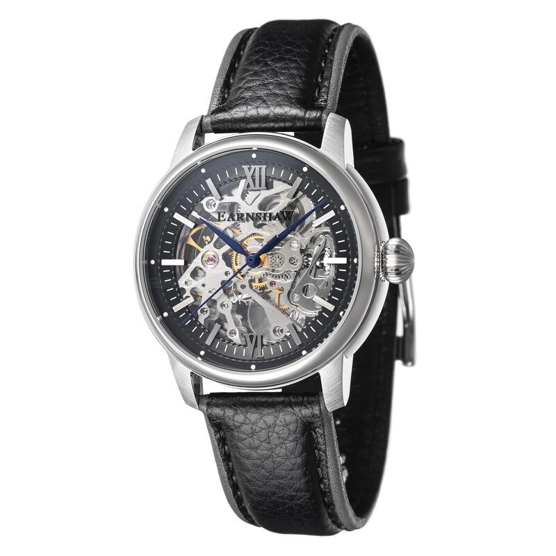 Front photo of this Men's Skeleton Watch in Grey, Black Stainless Steel - CORNWALL - EARNSHAW | ES-8110-01