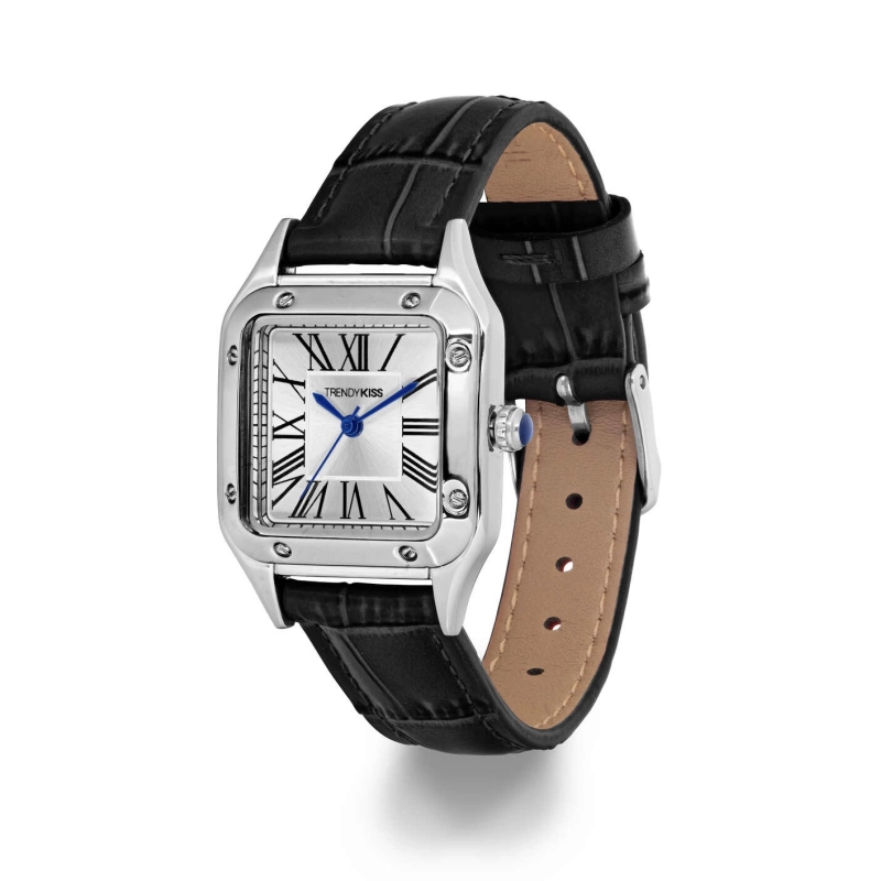 Front photo of this Inexpensive Women's Quartz Watch in Metal and Leather, Silver, Black - TC10149-02