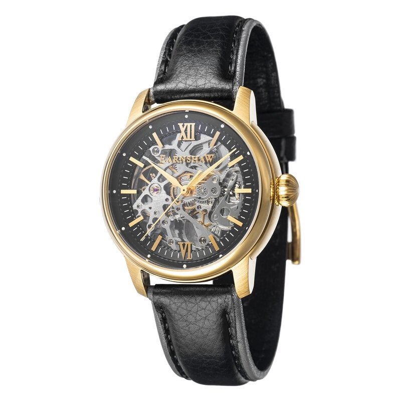 Front photo of this Men's Skeleton Watch in Stainless Steel, Yellow Gold PVD, Black - CORNWALL - EARNSHAW | ES-8110-03