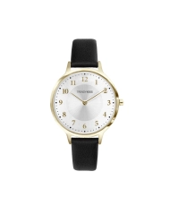 Foto frontal de este económico reloj de cuarzo para mujer en metal y cuero, dorado, negro - TG10155-01