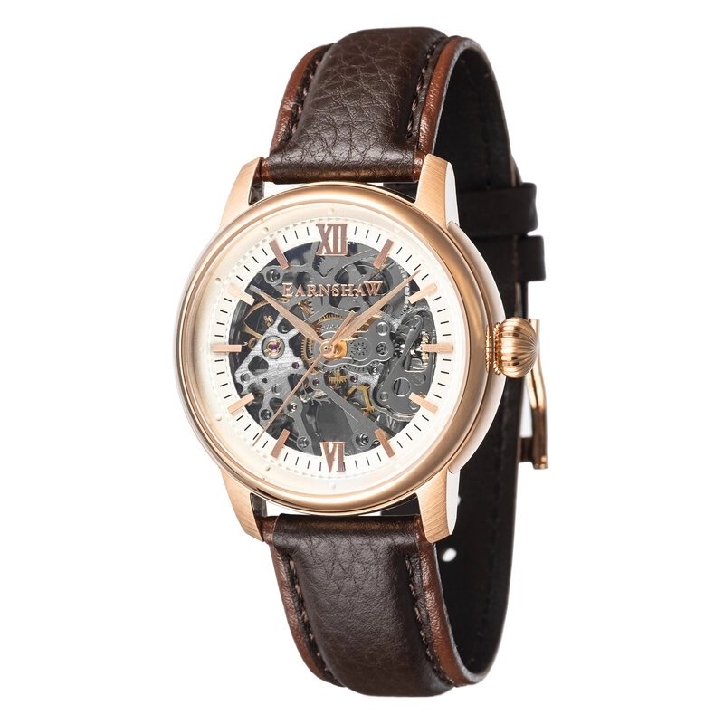 Photo de face de cette Montre Squelette Homme en Acier inoxydable, Acier PVD or rose Marron - CORNWALL - EARNSHAW | ES-8110-04