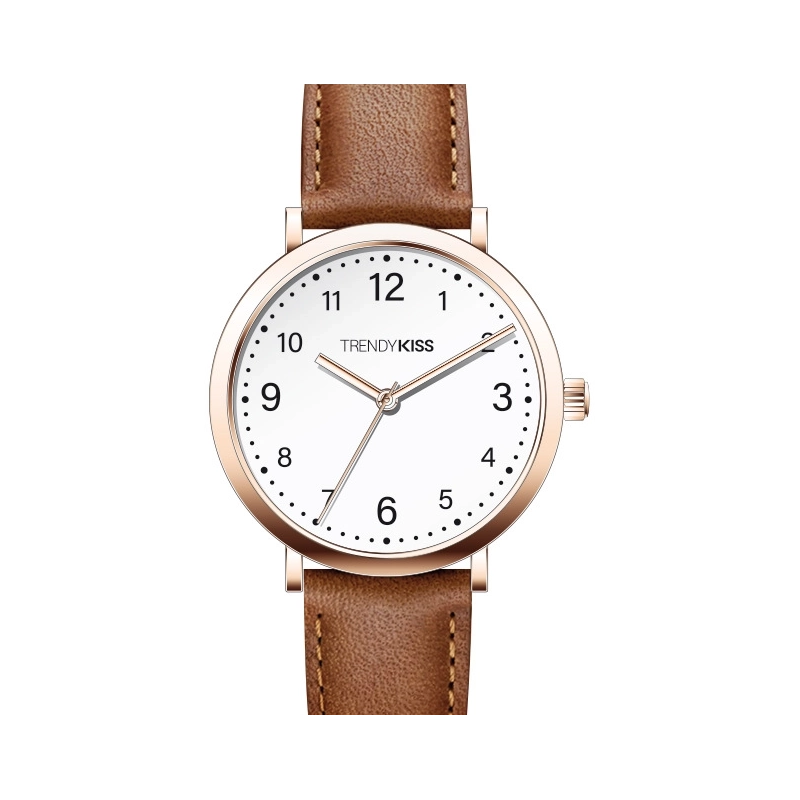 Front photo of this Inexpensive Women's Quartz Watch in Metal and Leather, Rose Gold, Camel - TC10164-01