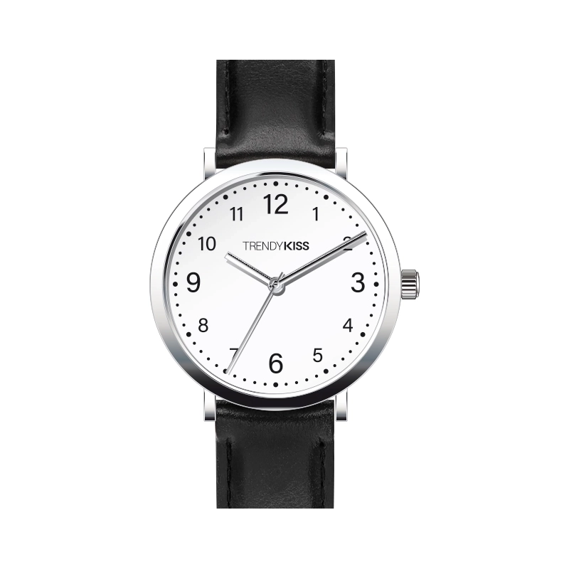 Front photo of this Inexpensive Women's Quartz Watch in Metal and Leather, Silver, Black - TC10164-02