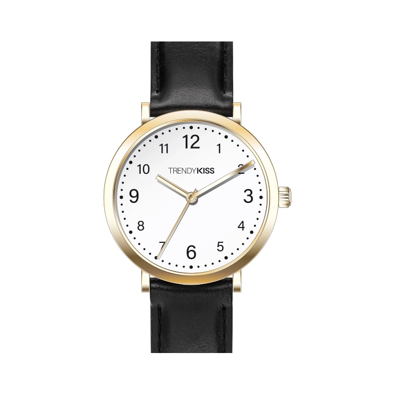 Front photo of this Inexpensive Women's Quartz Watch in Metal and Leather, Gold, Black - TC10164-03