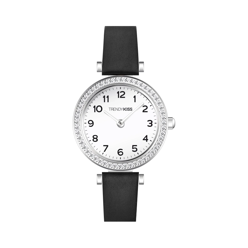 Front photo of this Inexpensive Women's Quartz Watch in Metal and Leather, Silver, Black - TC10165-01