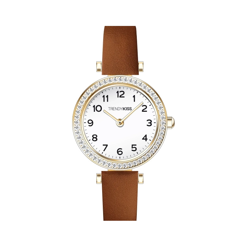 Front photo of this Inexpensive Women's Quartz Watch in Metal and Leather, Gold, Camel - TC10165-02