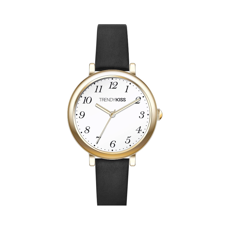 Front photo of this Inexpensive Women's Quartz Watch in Metal and Leather, Gold, Black - TC10166-01