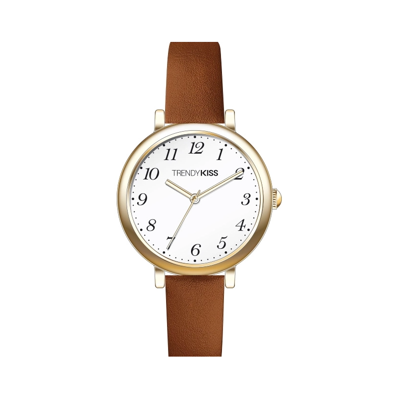 Front photo of this Inexpensive Women's Quartz Watch in Metal and Leather, Gold, Camel - TC10166-02