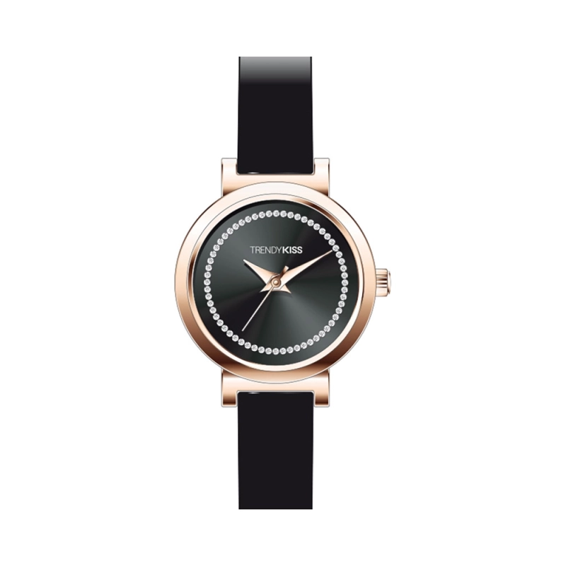 Front photo of this Inexpensive Women's Quartz Watch in Metal and Leather, Rose Gold, Black - TC10174-01