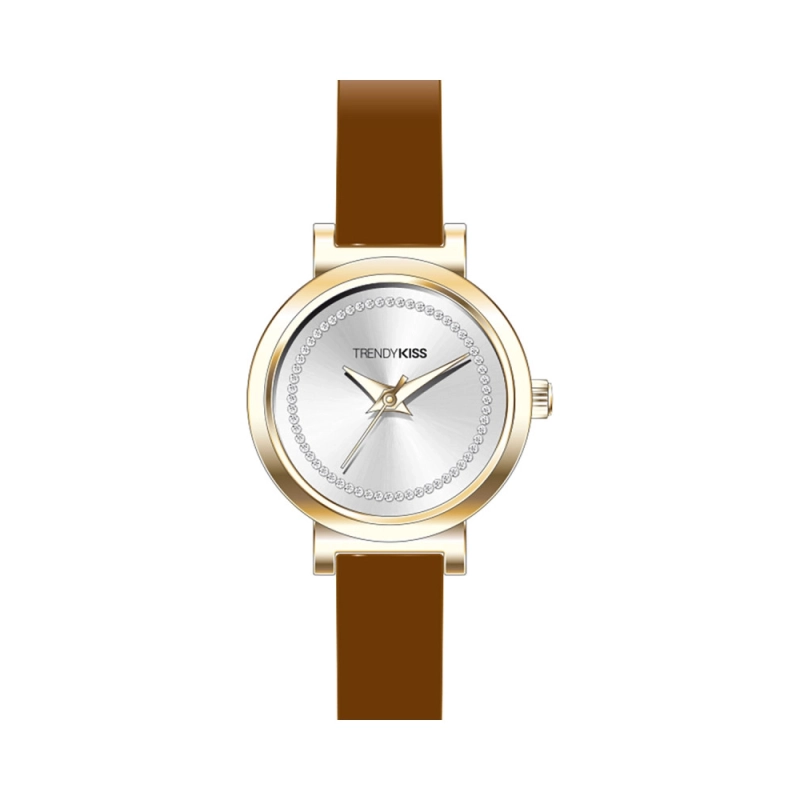 Front photo of this Inexpensive Women's Quartz Watch in Metal and Leather, Gold, Camel - TC10174-02