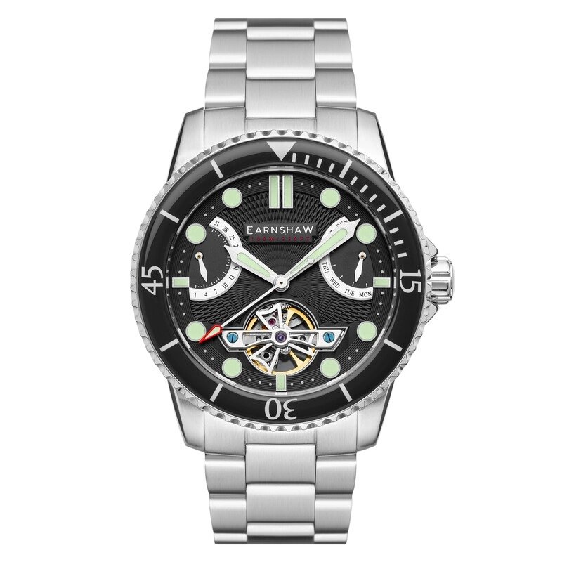 Foto frontal de este reloj para hombre en acero inoxidable gris, negro - Jervis - EARNSHAW | ES-8134-11