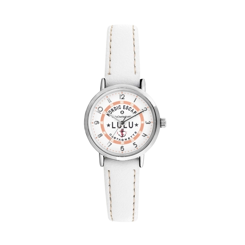 Front photo of this inexpensive girls' watch in Metal and Leather, Silver, White - 38977