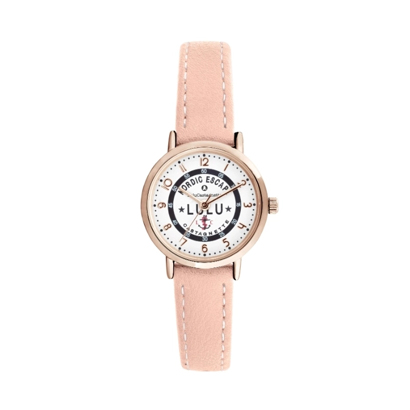 Vorderes Foto dieser preiswerten Mädchenuhr in Metall und Leder, Gold, Pink, Pink – 38978