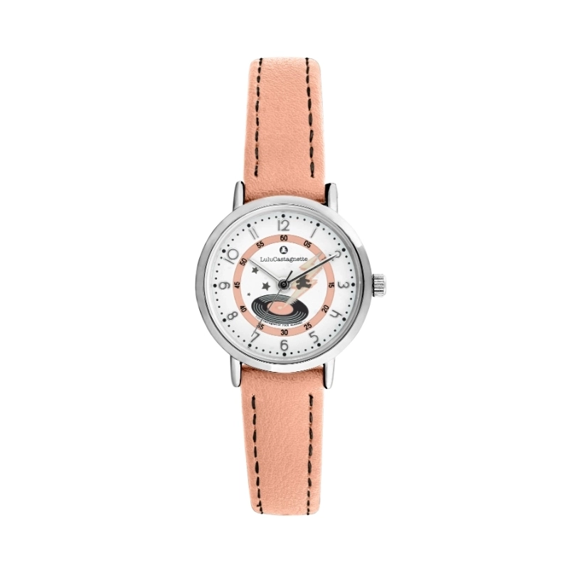 Photo de face de cette Montre fille pas chère en Métal et Cuir, Argenté, Rose - 38980