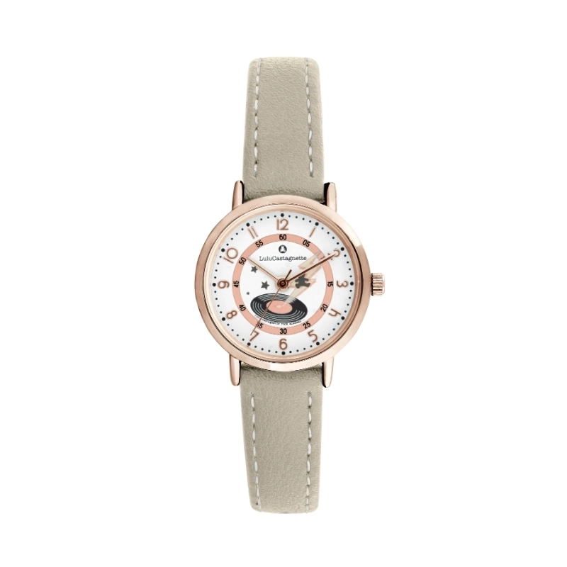 Vorderes Foto dieser preiswerten Mädchenuhr in Metall und Leder, Gold, Rosa, Grau – 38982