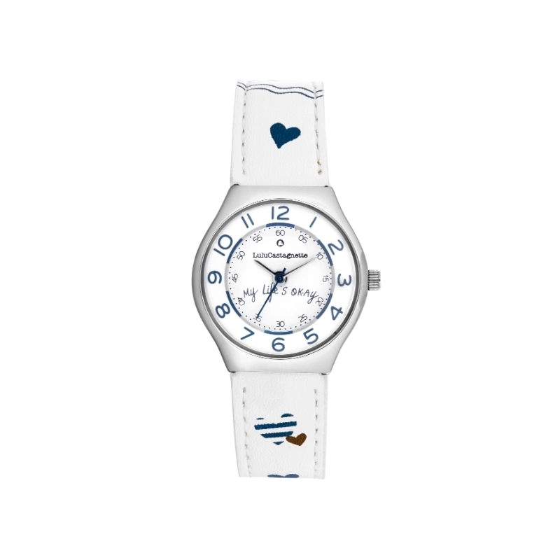 Front photo of this inexpensive girls' watch in Metal and Leather, Silver, White - 38983