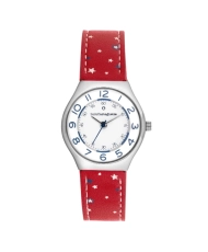 Front photo of this inexpensive girls' watch in Metal and Leather, Silver, Red - 38985