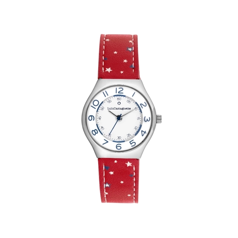 Photo de face de cette Montre fille pas chère en Métal et Cuir, Argenté, Rouge - 38985