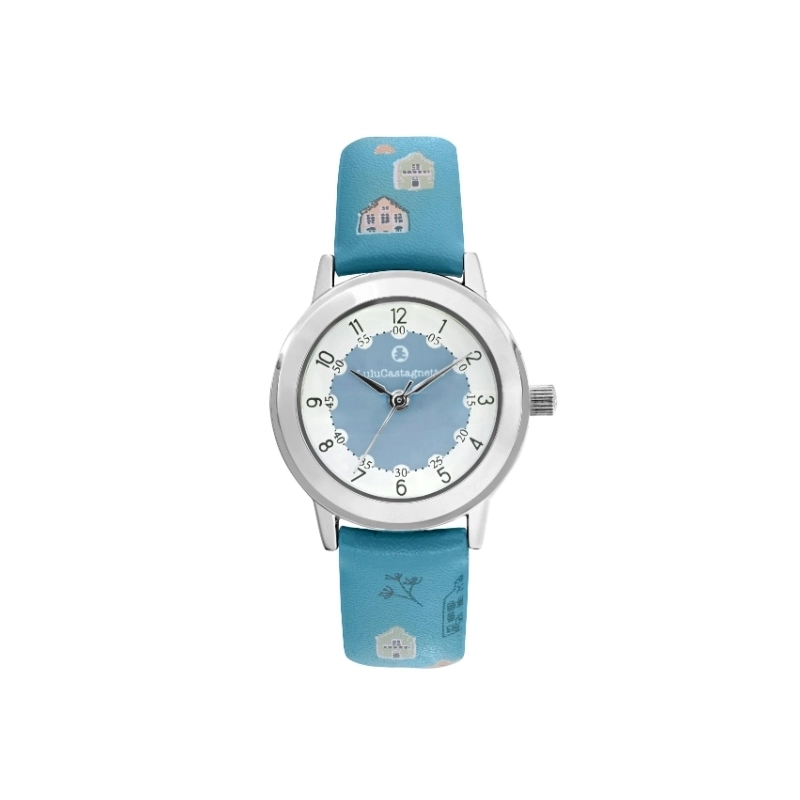 Photo de face de cette Montre fille pas chère en Métal et Cuir, Argenté, Bleu - 38956