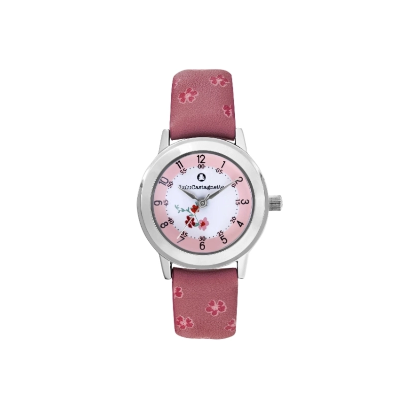 Vorderes Foto dieser preiswerten Mädchenuhr aus Metall und Leder, Silber, Pink – 38957