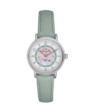 Front photo of this inexpensive girls' watch in Metal and Leather, Silver, Green - 38959