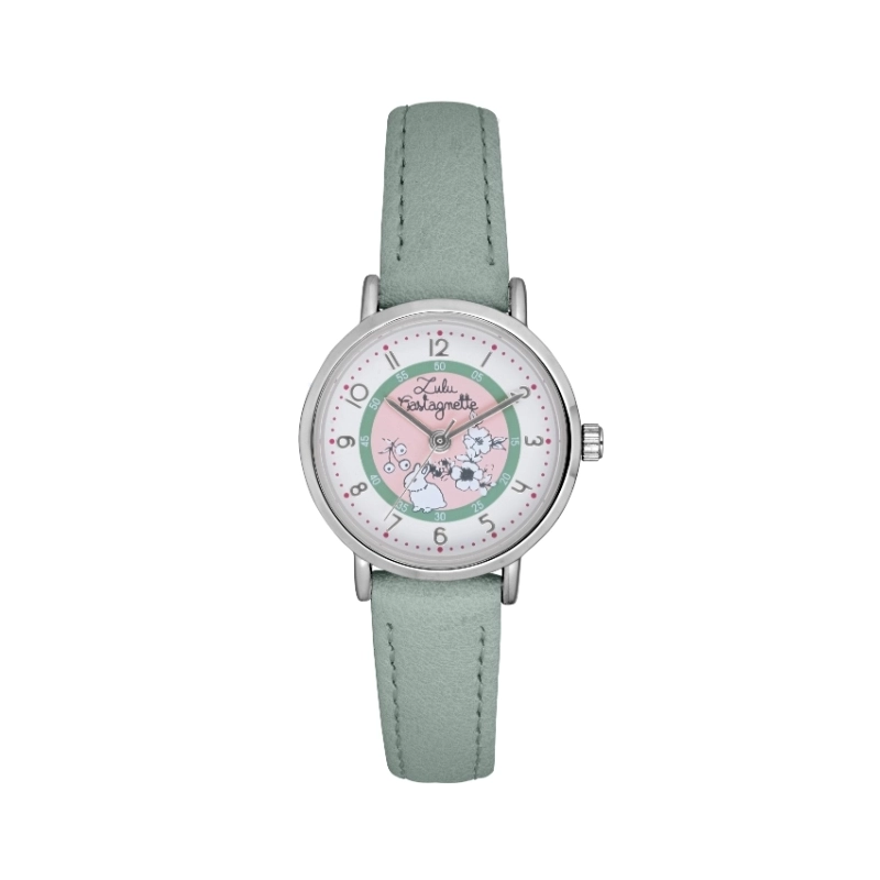 Photo de face de cette Montre fille pas chère en Métal et Cuir, Argenté, Vert - 38959